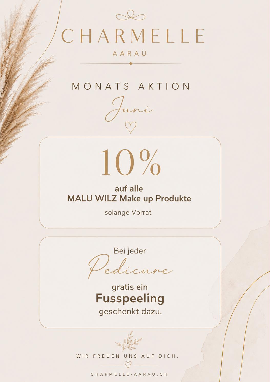 Juni Aktion - 10% auf MALU WILZ Make-up und gratis Fusspeeling bei Pedicure im Charmelle Beauty Center Aarau
